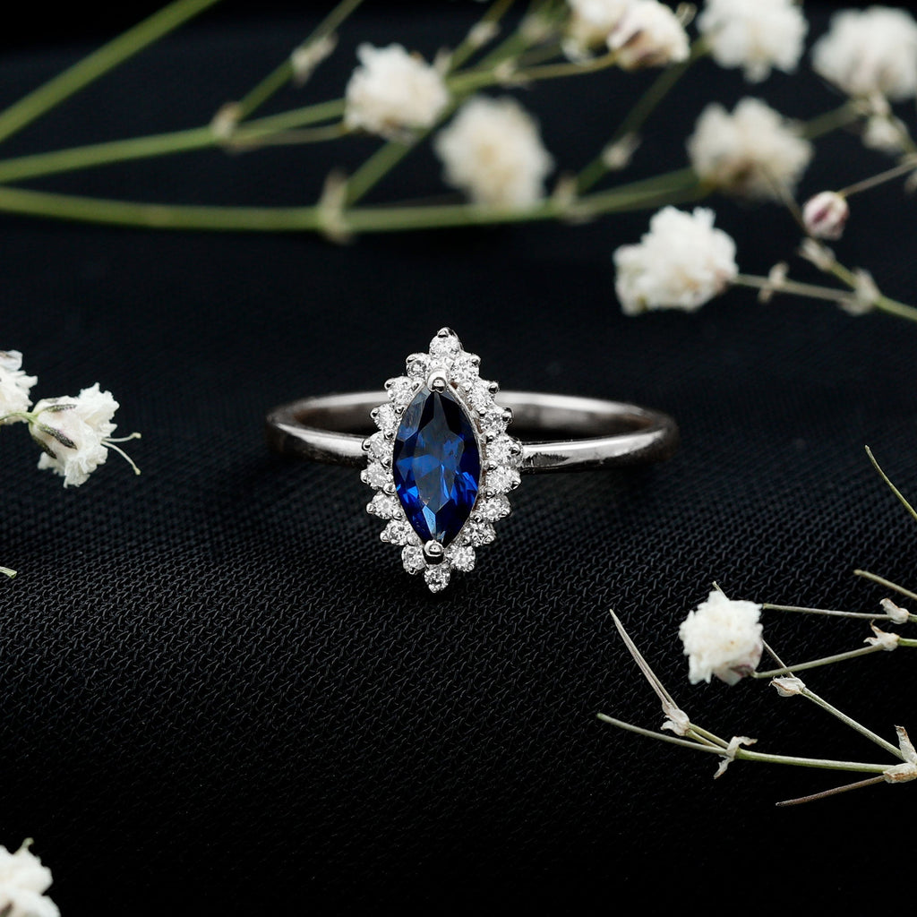 Lab Grown Sapphire Ring Marquise Cut Diamond Halo Engagement Ring