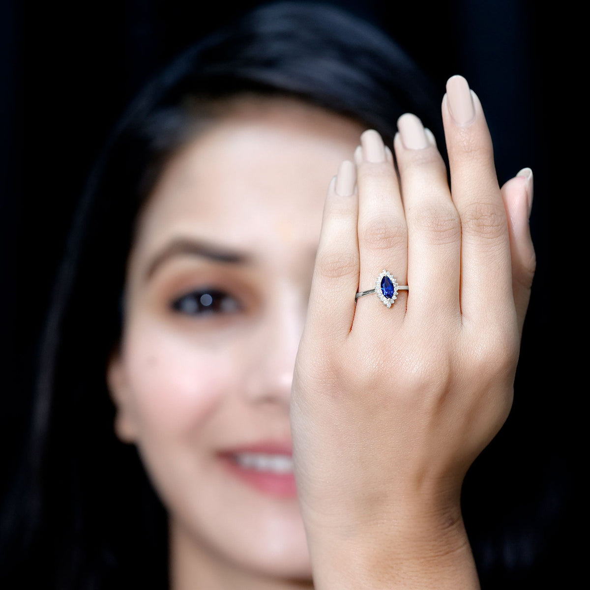 Lab Grown Sapphire Ring Marquise Cut Diamond Halo Engagement Ring
