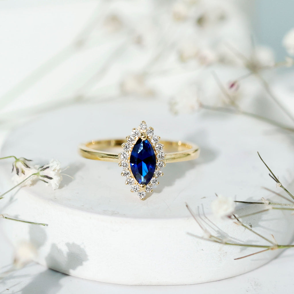 Lab Grown Sapphire Ring Marquise Cut Diamond Halo Engagement Ring