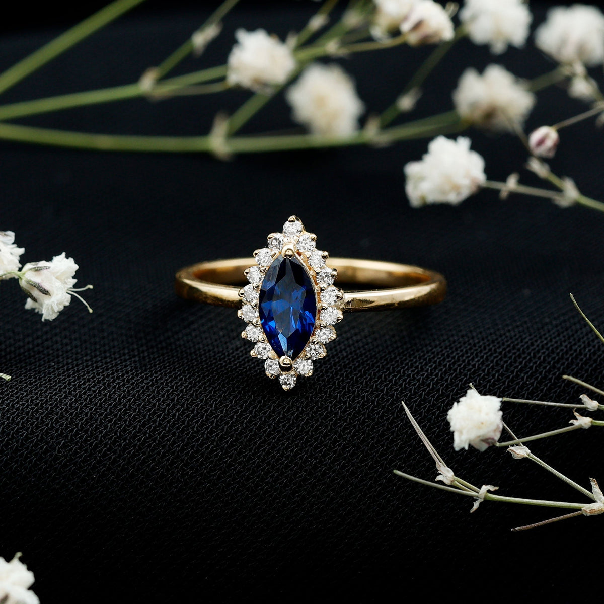 Lab Grown Sapphire Ring Marquise Cut Diamond Halo Engagement Ring