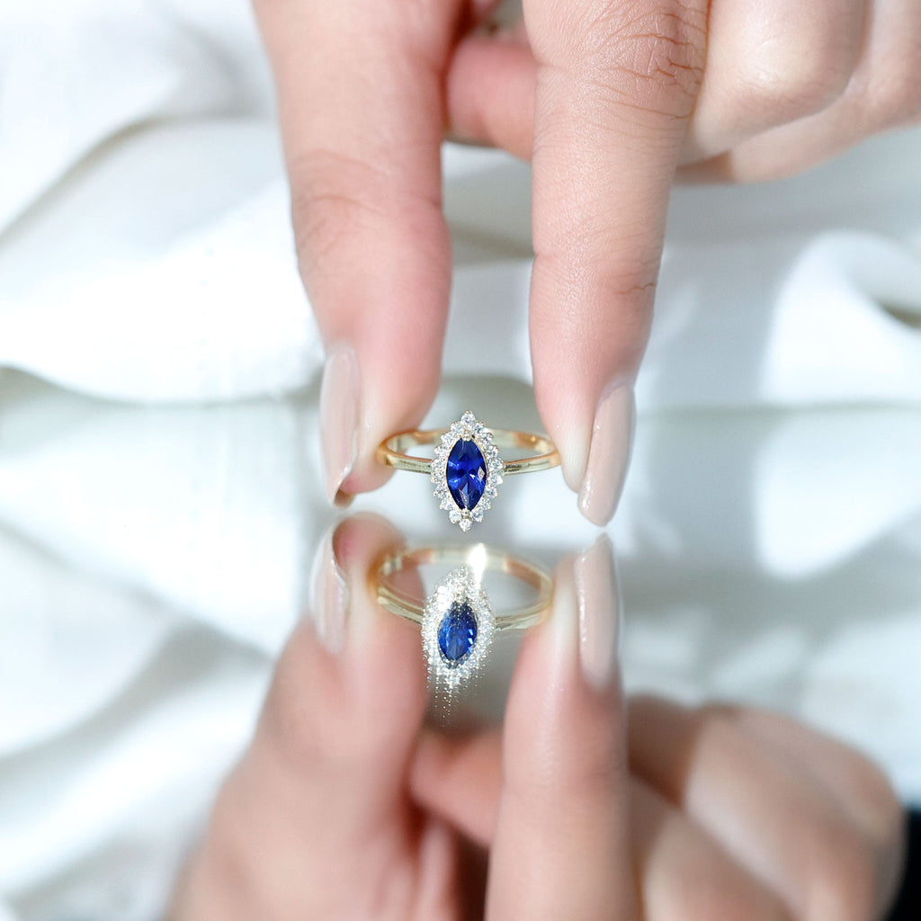 Lab Grown Sapphire Ring Marquise Cut Diamond Halo Engagement Ring