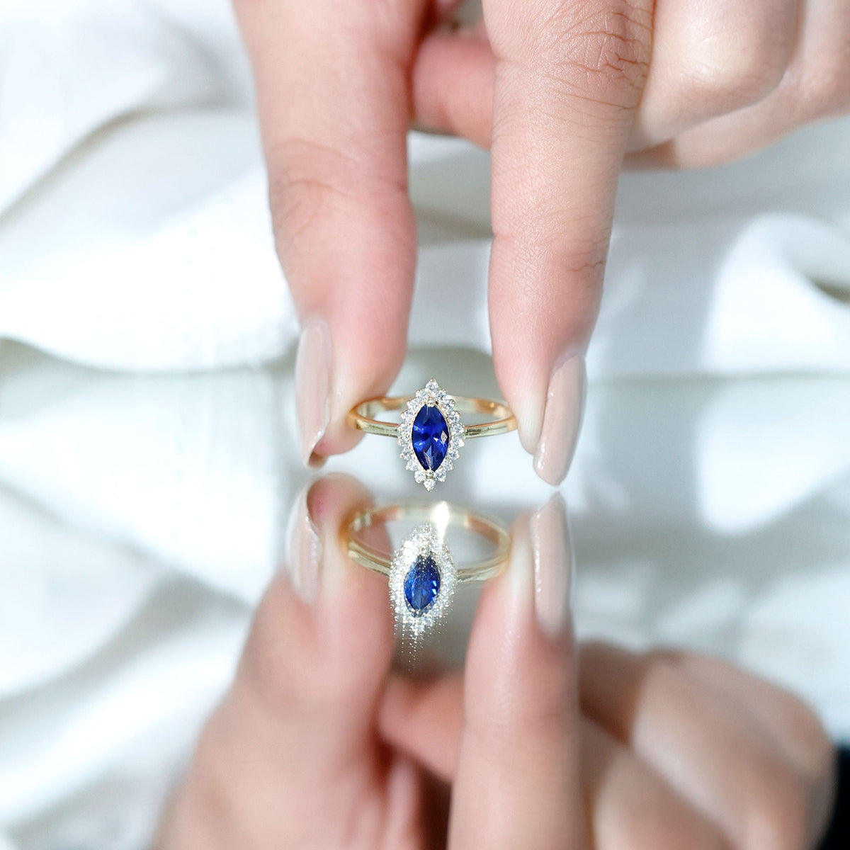 Lab Grown Sapphire Ring Marquise Cut Diamond Halo Engagement Ring