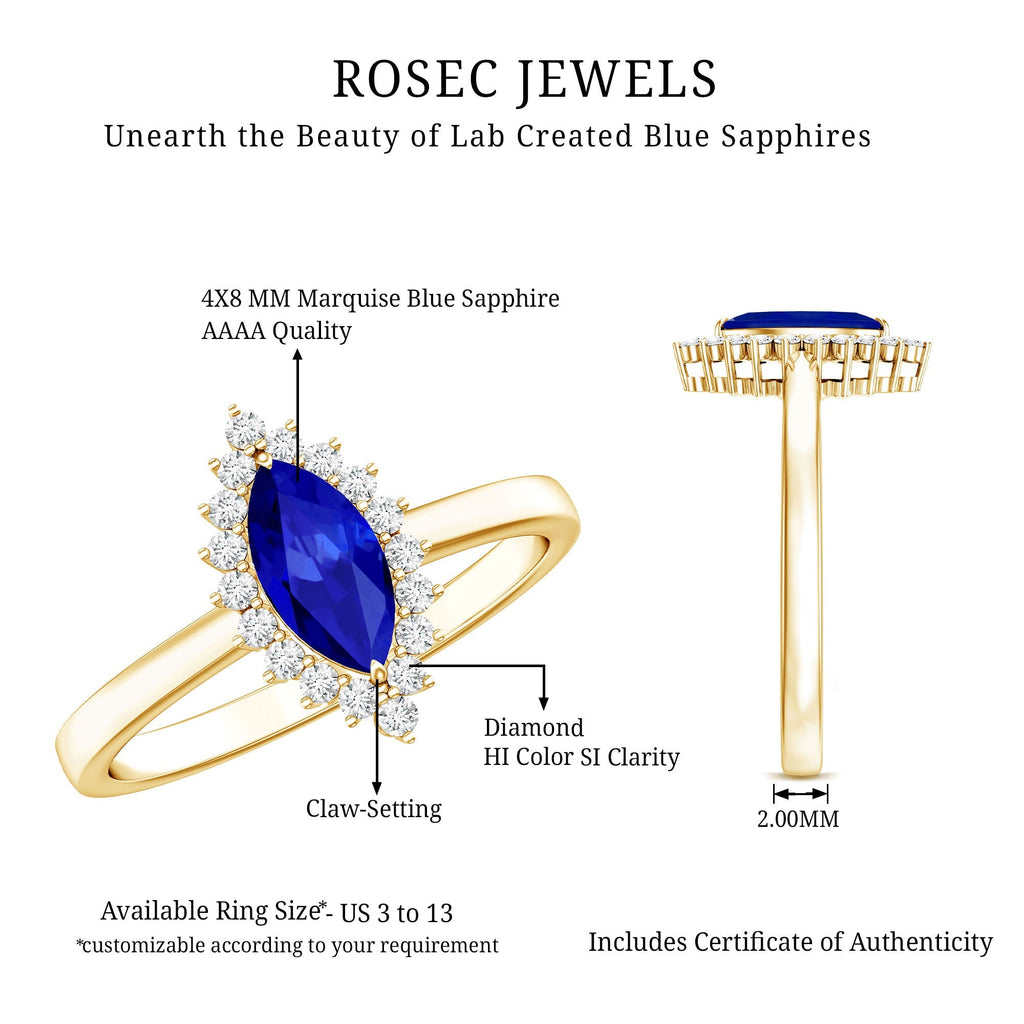 Lab Grown Sapphire Ring Marquise Cut Diamond Halo Engagement Ring