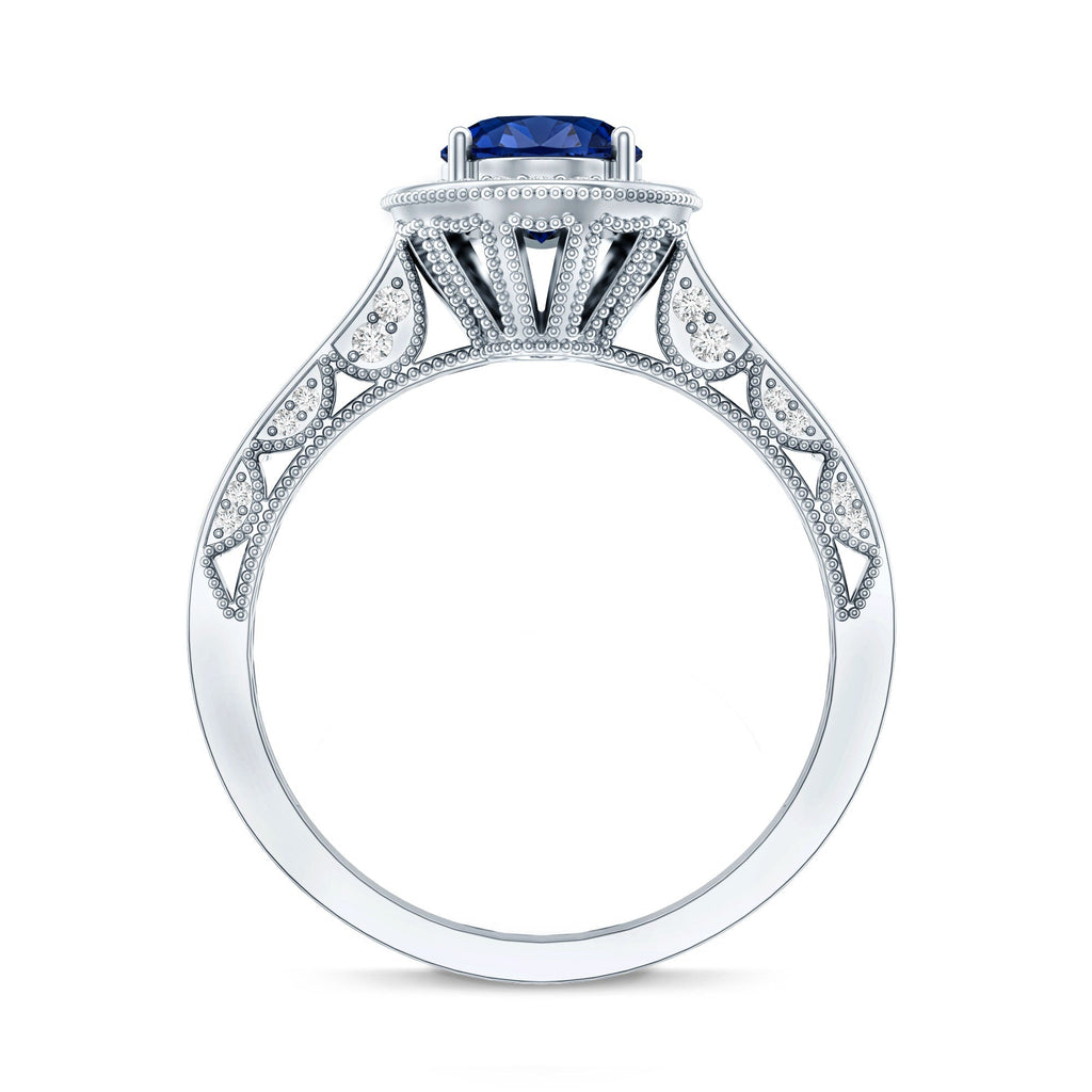 Lab Grown Sapphire Ring, Oval Blue Sapphire Diamond Halo Ring