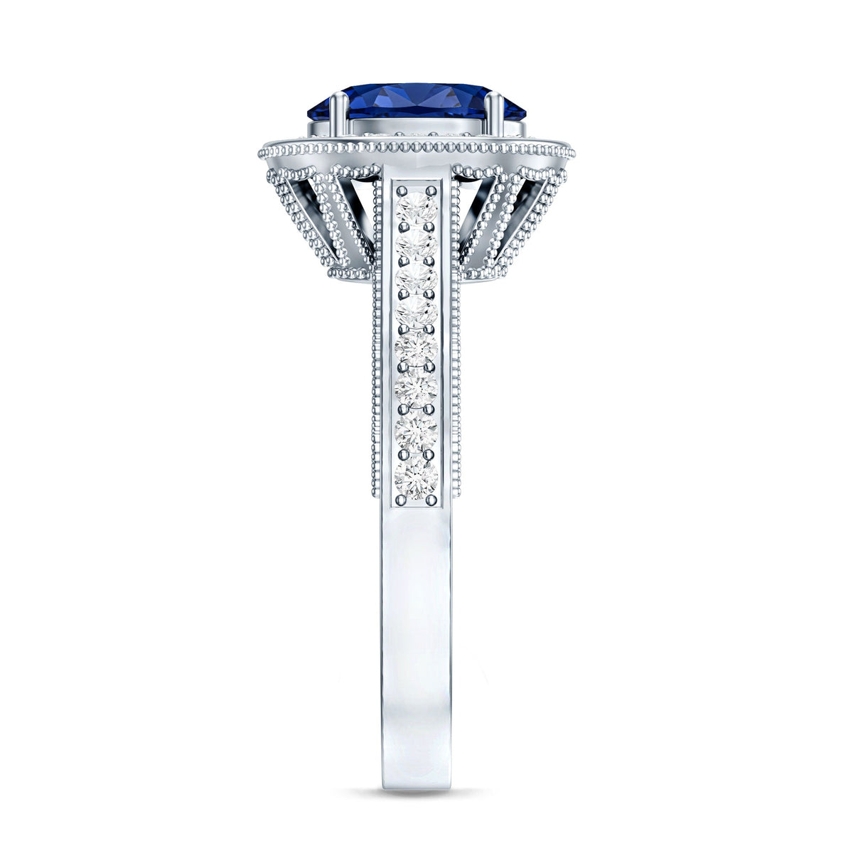 Lab Grown Sapphire Ring, Oval Blue Sapphire Diamond Halo Ring