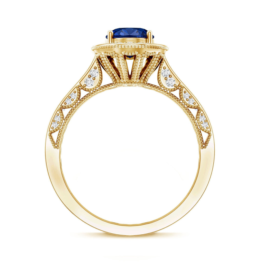 Lab Grown Sapphire Ring, Oval Blue Sapphire Diamond Halo Ring