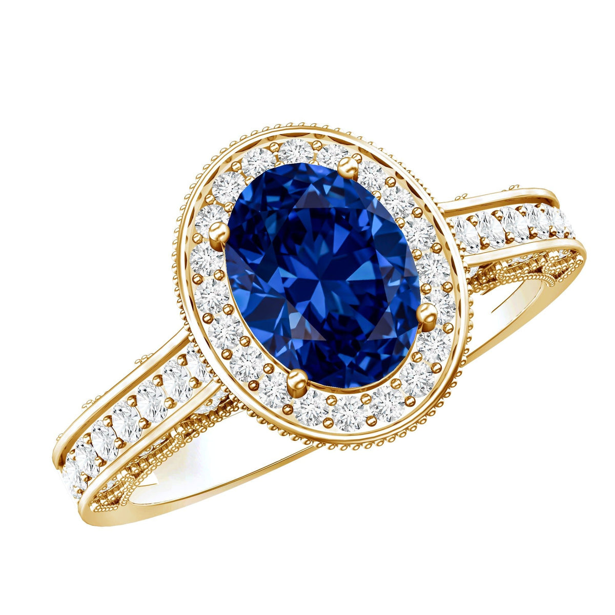 Lab Grown Sapphire Ring, Oval Blue Sapphire Diamond Halo Ring