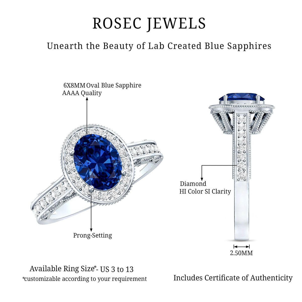 Lab Grown Sapphire Ring, Oval Blue Sapphire Diamond Halo Ring