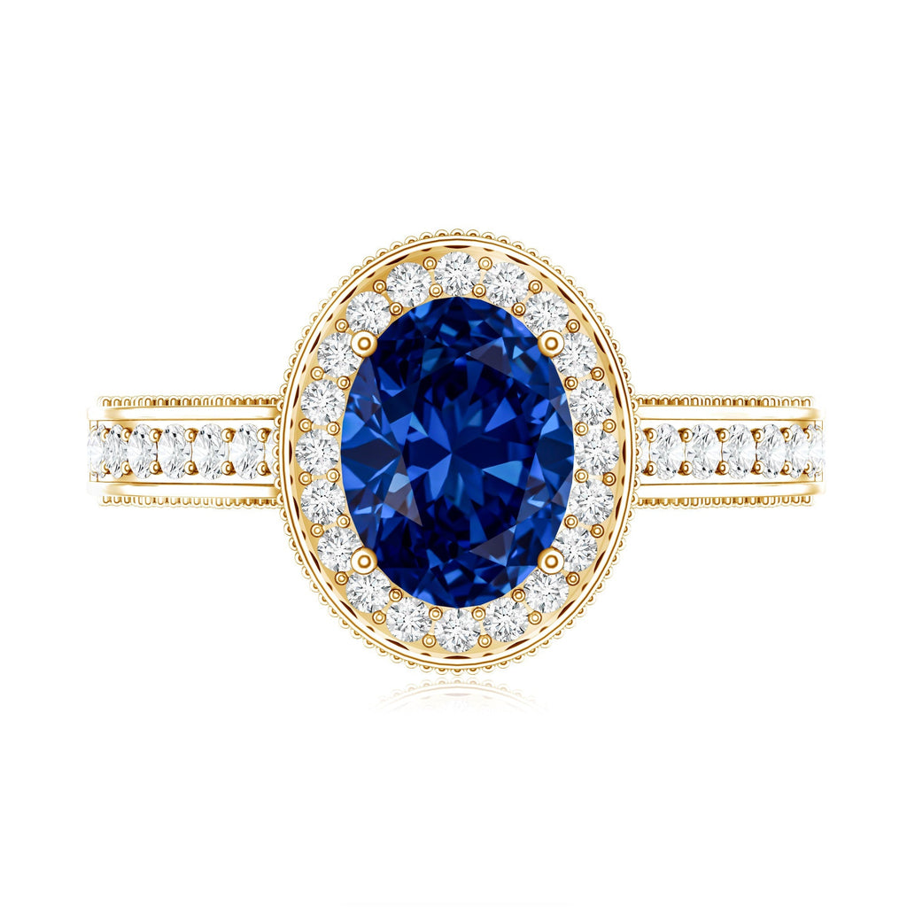 Lab Grown Sapphire Ring, Oval Blue Sapphire Diamond Halo Ring
