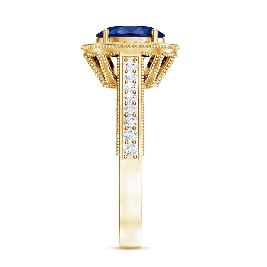 Lab Grown Sapphire Ring, Oval Blue Sapphire Diamond Halo Ring
