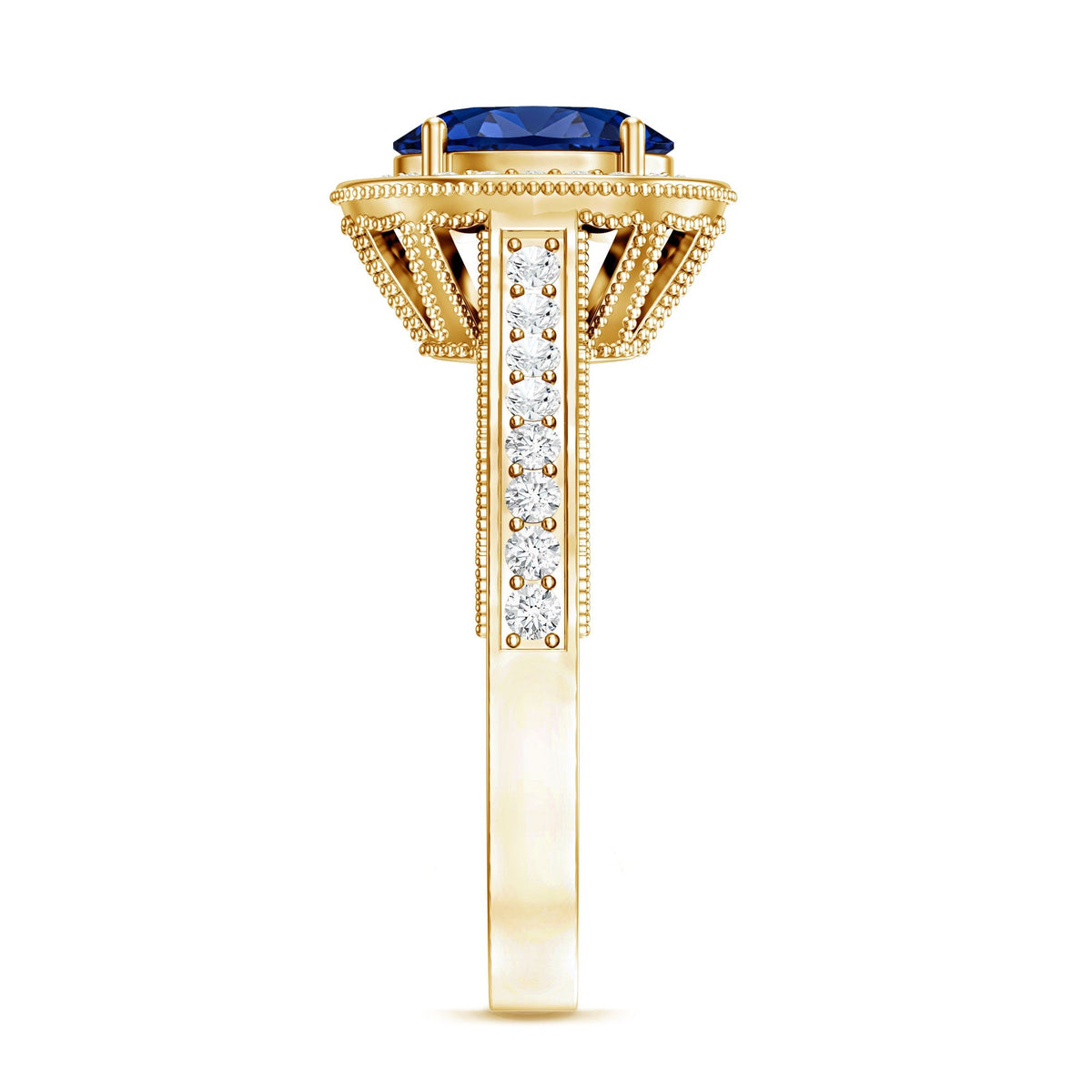 Lab Grown Sapphire Ring, Oval Blue Sapphire Diamond Halo Ring