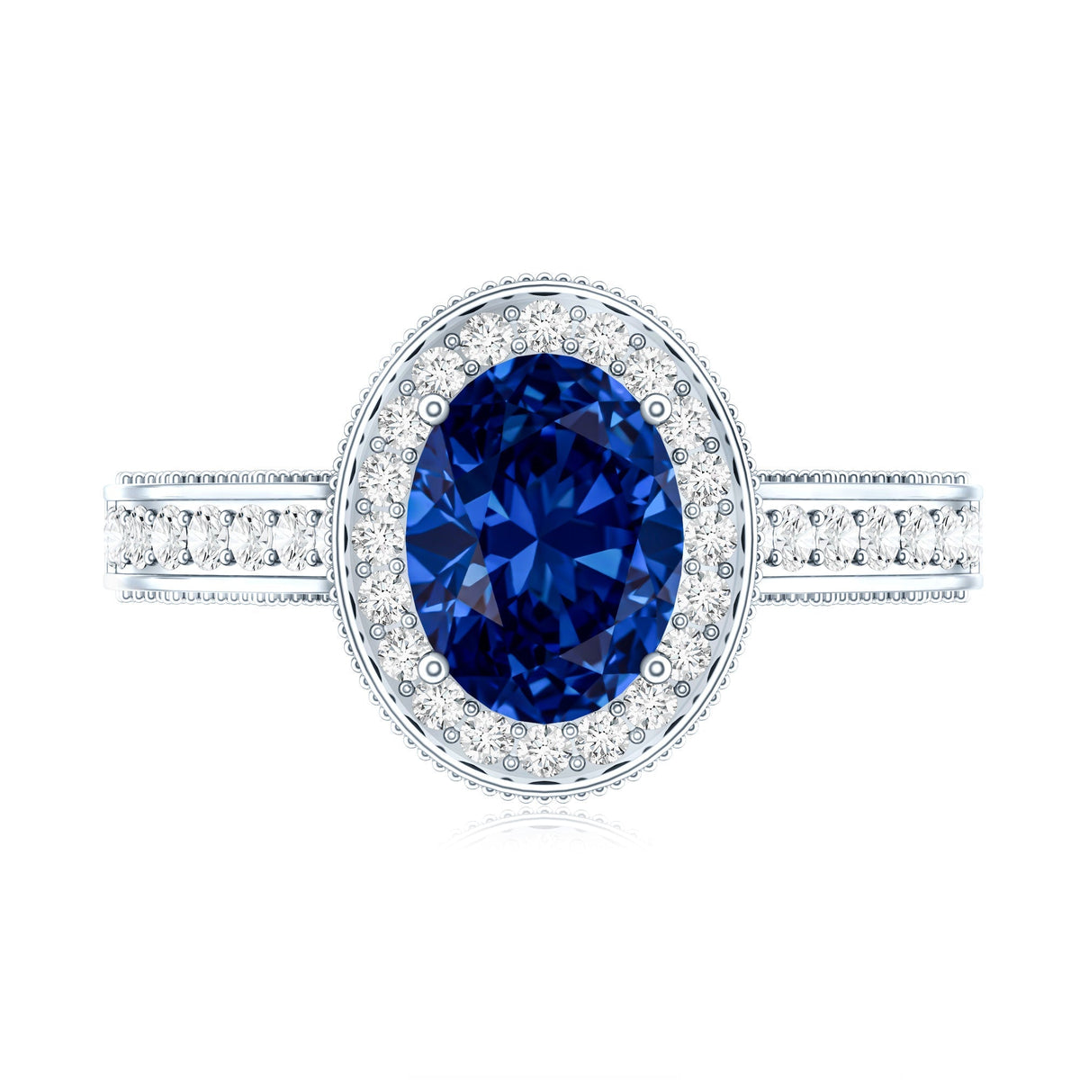 Lab Grown Sapphire Ring, Oval Blue Sapphire Diamond Halo Ring