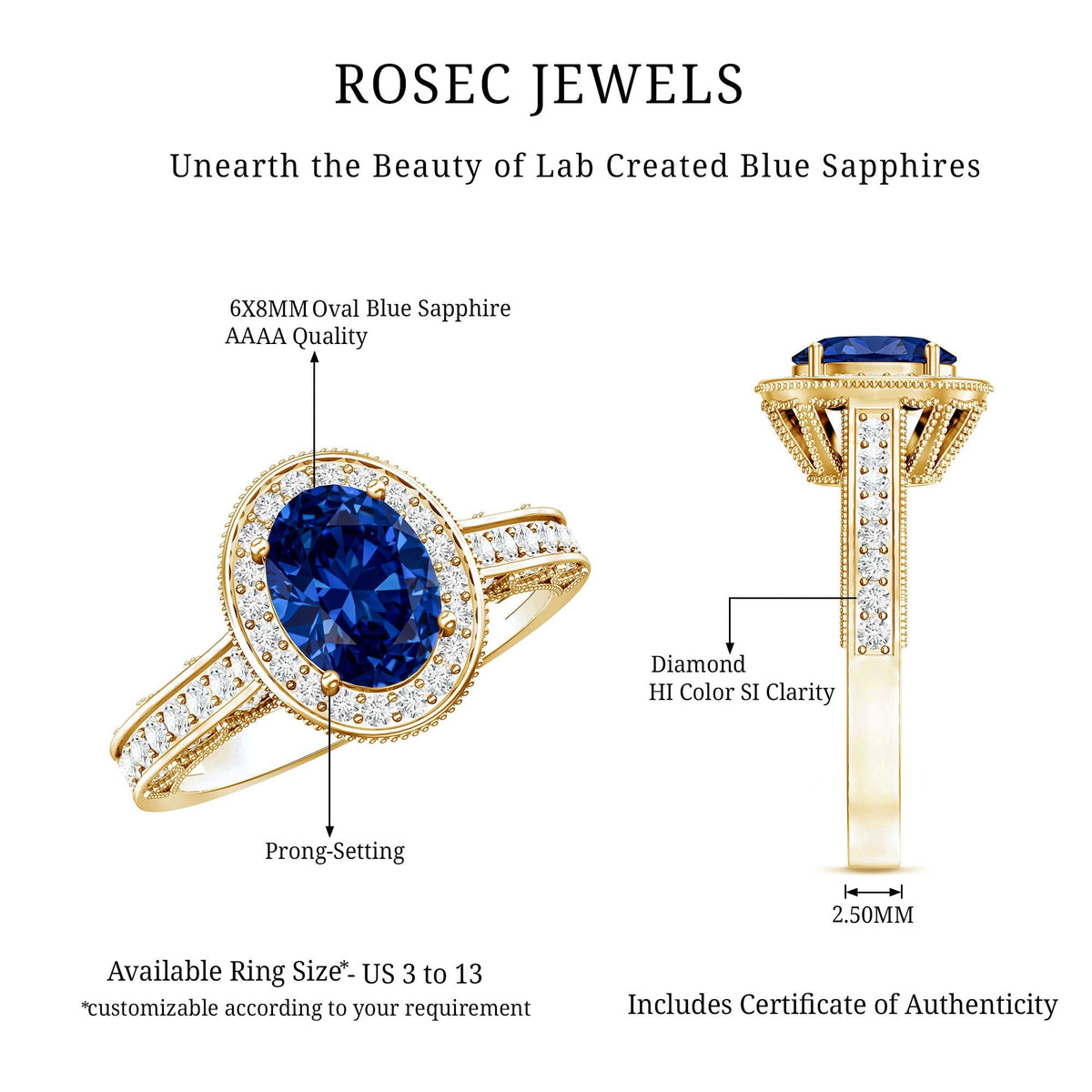 Lab Grown Sapphire Ring, Oval Blue Sapphire Diamond Halo Ring
