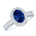 Lab Grown Sapphire Ring, Oval Blue Sapphire Diamond Halo Ring