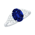Lab Grown Sapphire Ring, Oval Blue Sapphire Diamond Side Stones