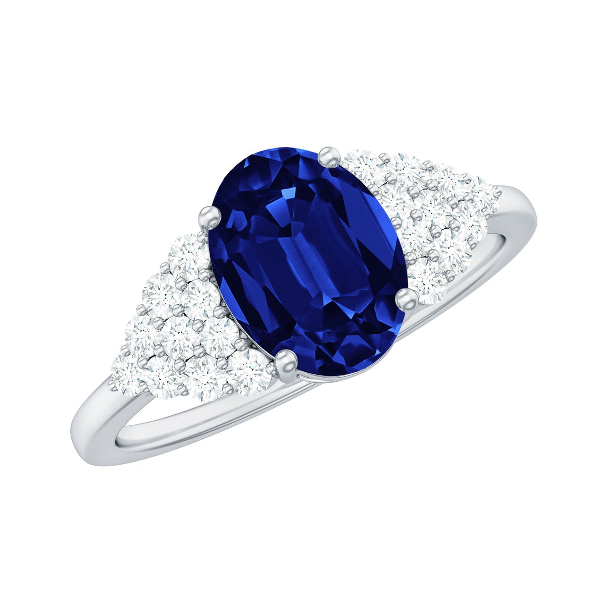 Lab Grown Sapphire Ring, Oval Blue Sapphire Diamond Side Stones
