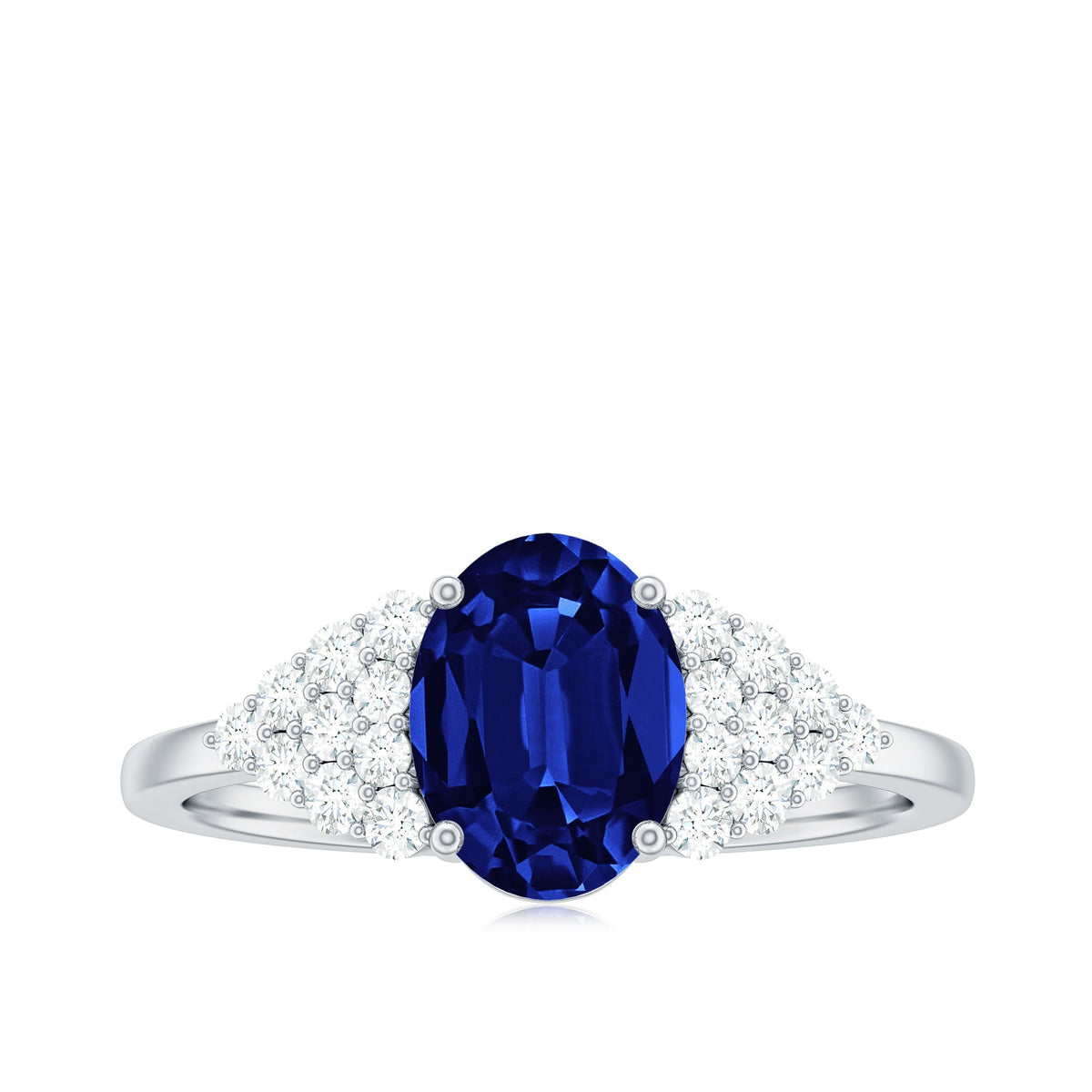 Lab Grown Sapphire Ring, Oval Blue Sapphire Diamond Side Stones