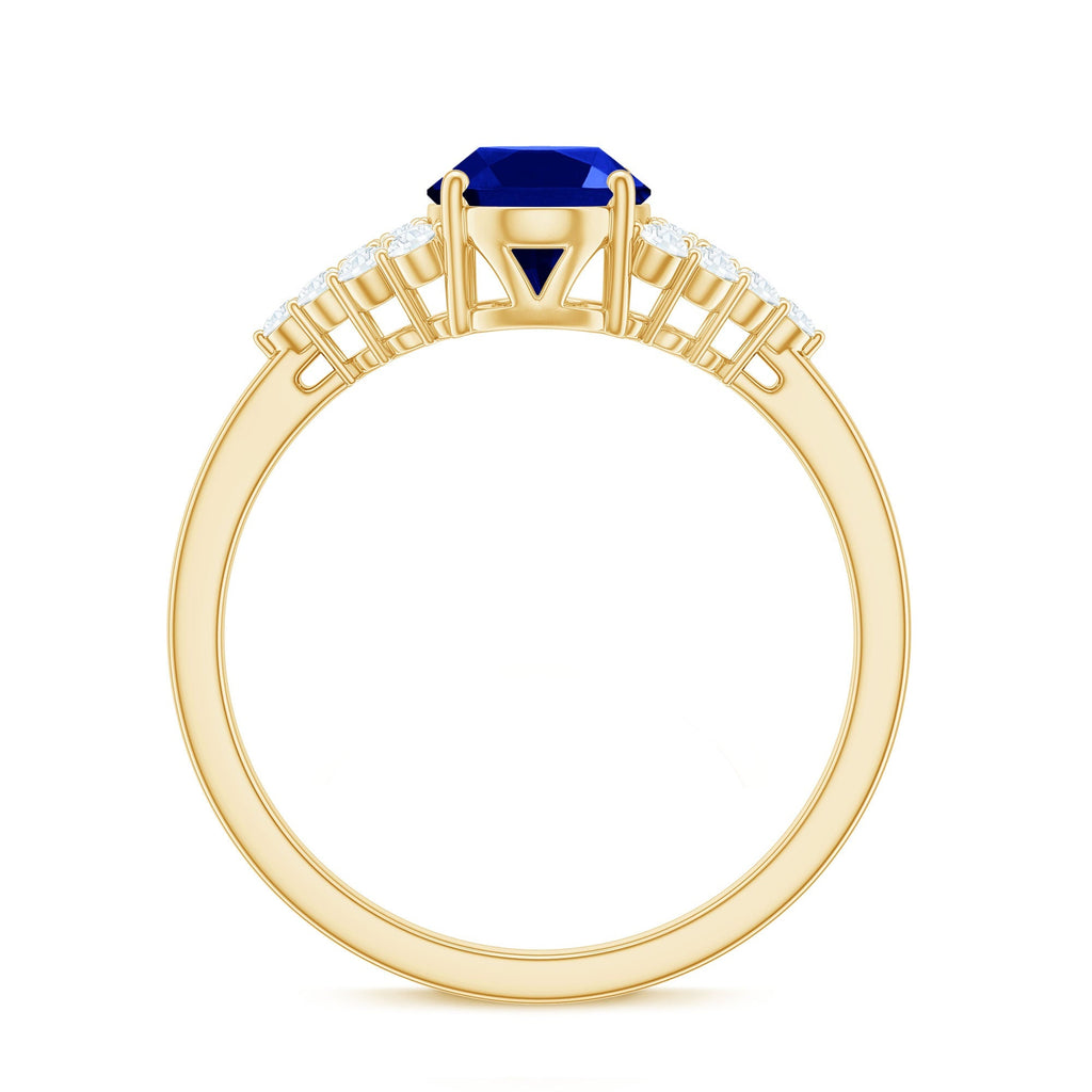 Lab Grown Sapphire Ring, Oval Blue Sapphire Diamond Side Stones