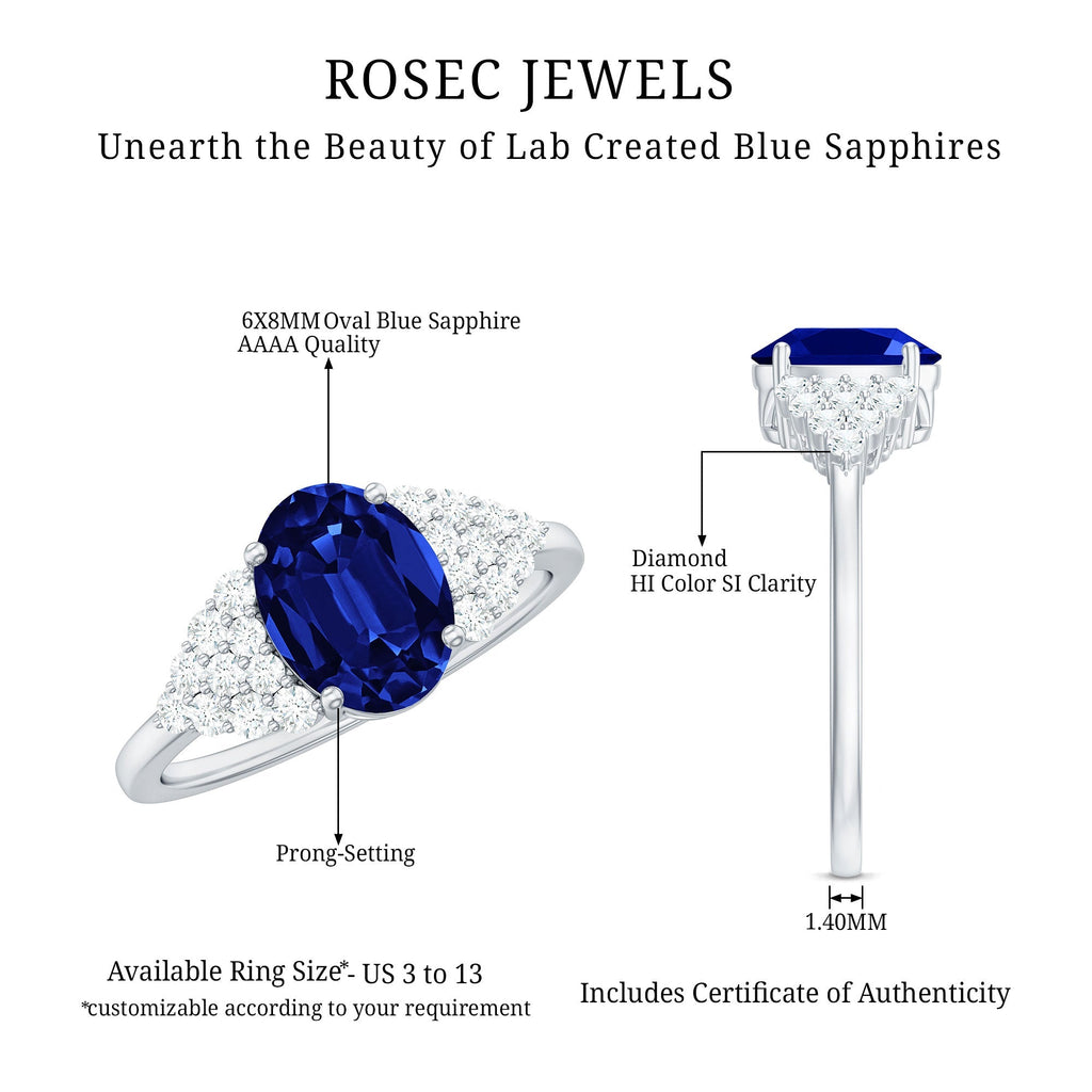 Lab Grown Sapphire Ring, Oval Blue Sapphire Diamond Side Stones