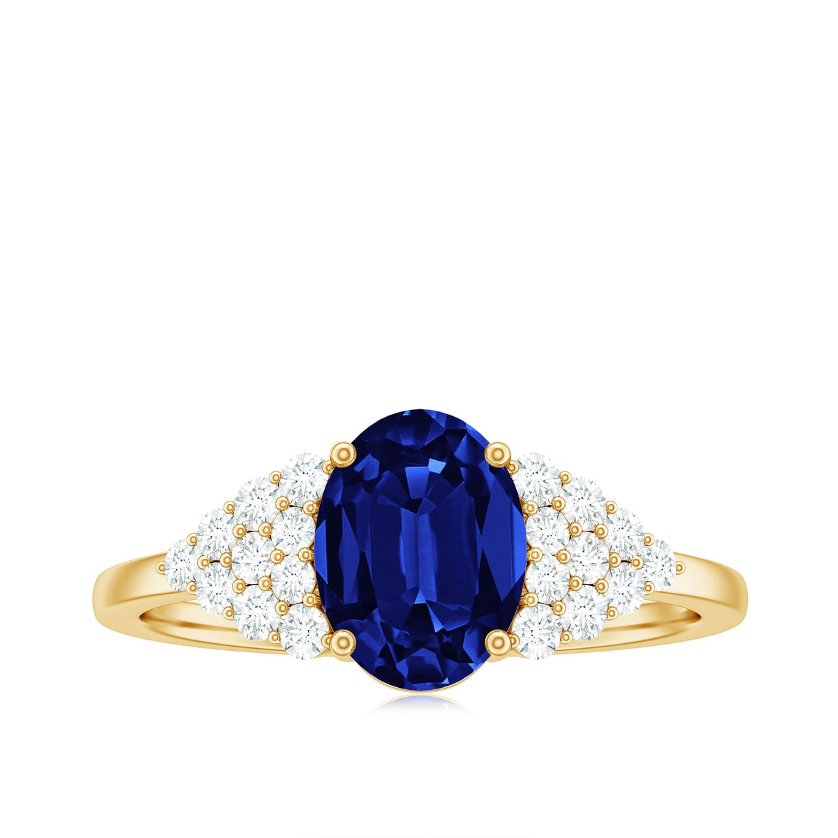 Lab Grown Sapphire Ring, Oval Blue Sapphire Diamond Side Stones