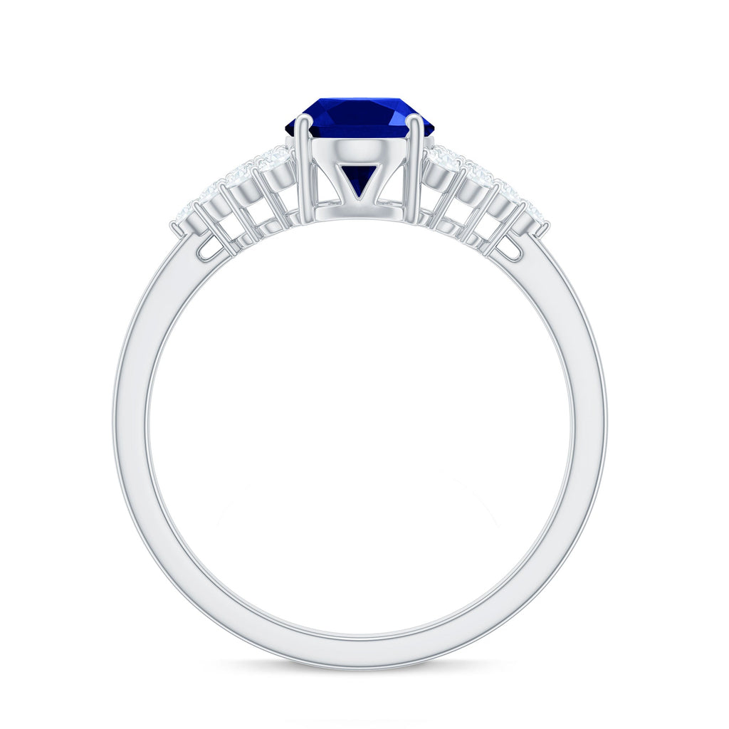 Lab Grown Sapphire Ring, Oval Blue Sapphire Diamond Side Stones