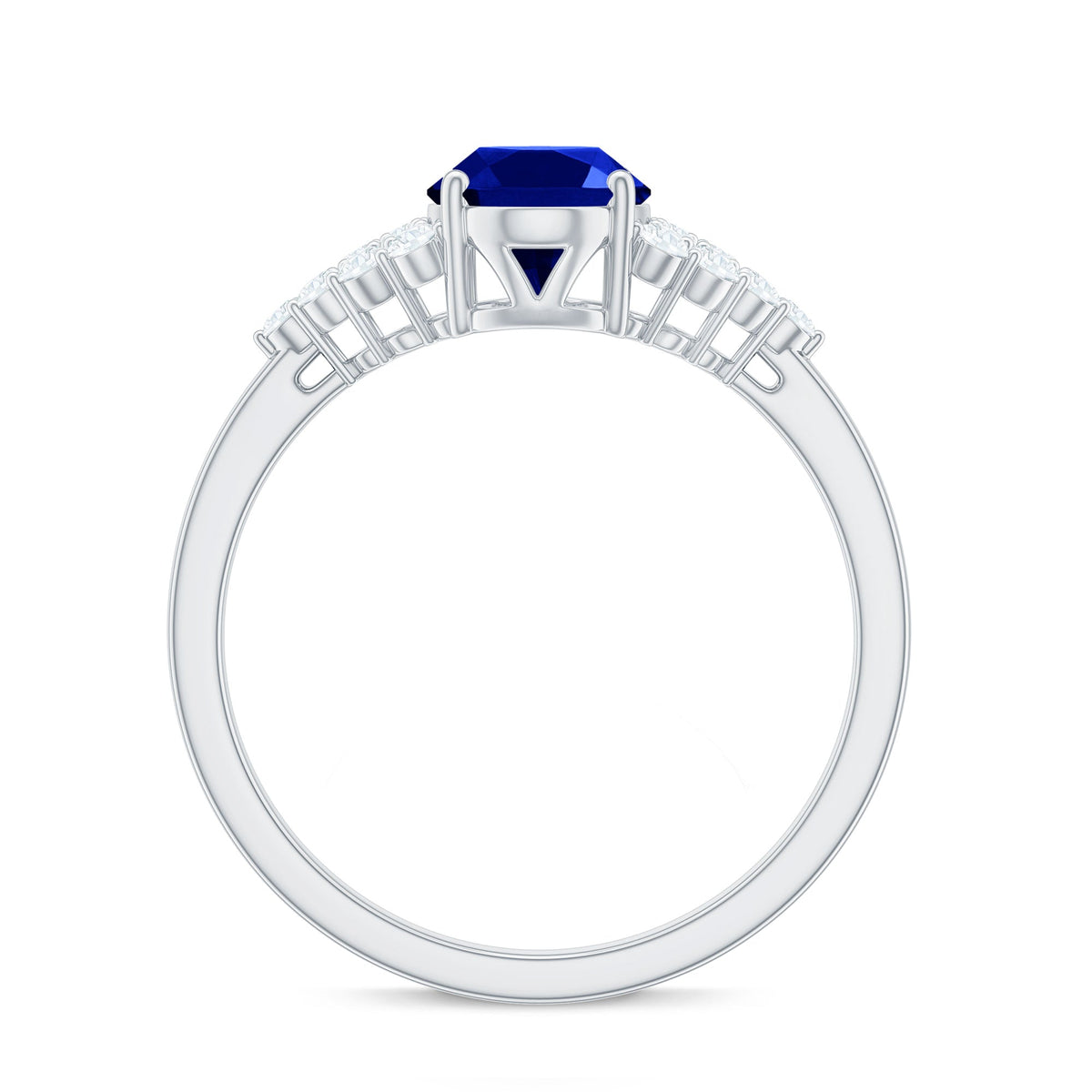 Lab Grown Sapphire Ring, Oval Blue Sapphire Diamond Side Stones