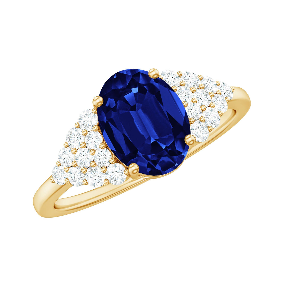 Lab Grown Sapphire Ring, Oval Blue Sapphire Diamond Side Stones