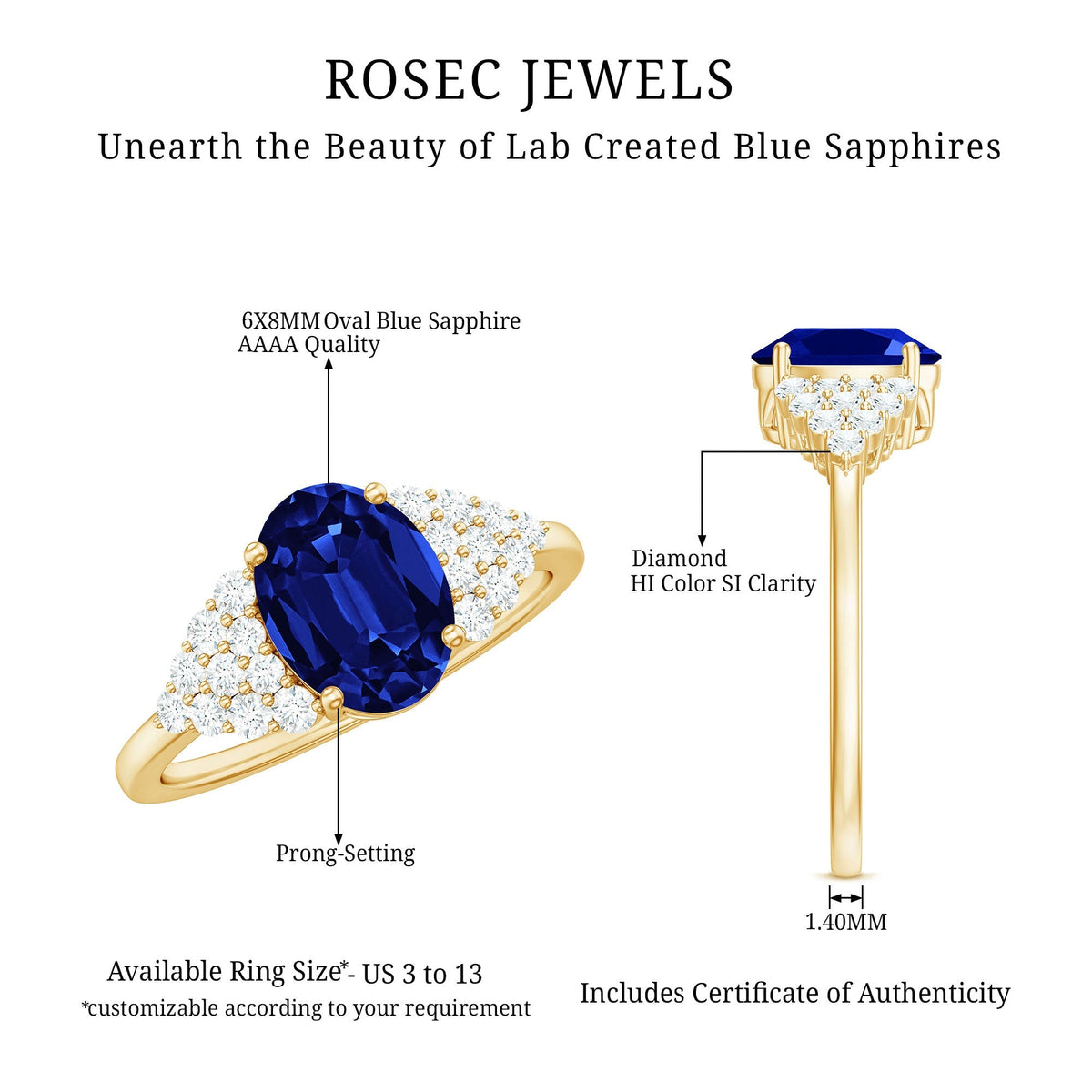 Lab Grown Sapphire Ring, Oval Blue Sapphire Diamond Side Stones