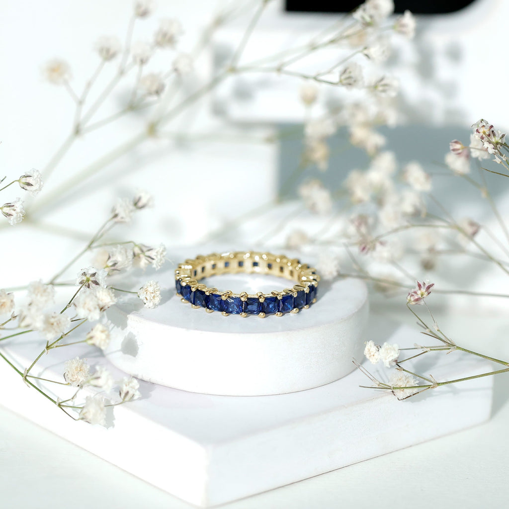 Lab Grown Sapphire Ring, Princess Cut Blue Full Eternity Band