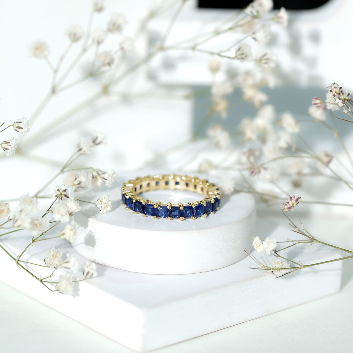 Lab Grown Sapphire Ring, Princess Cut Blue Full Eternity Band
