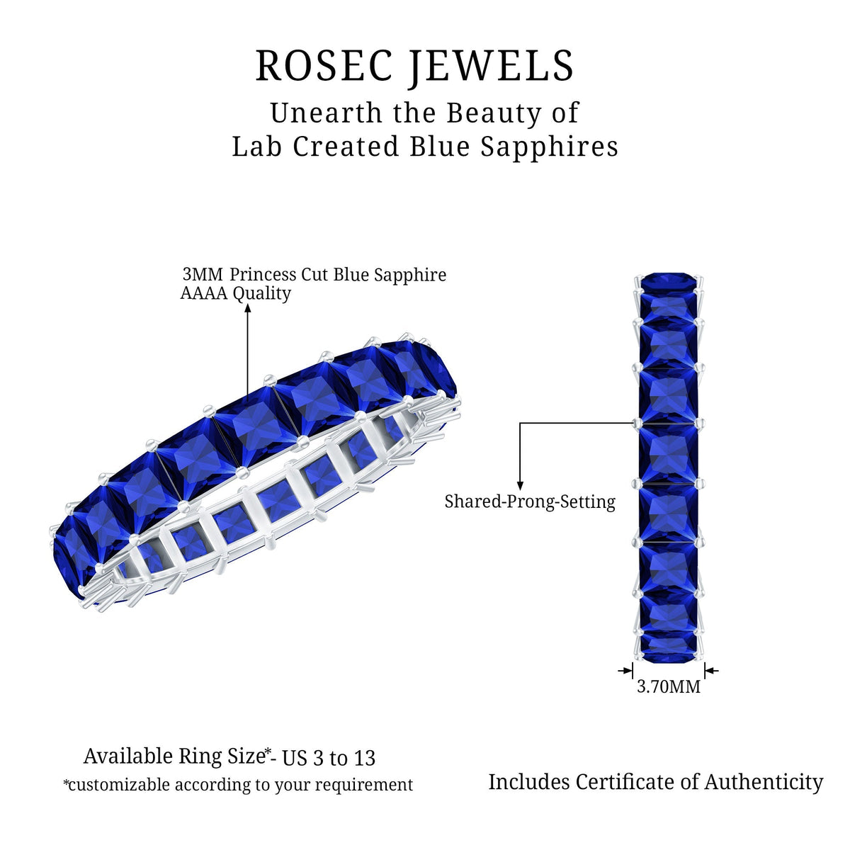 Lab Grown Sapphire Ring, Princess Cut Blue Full Eternity Band