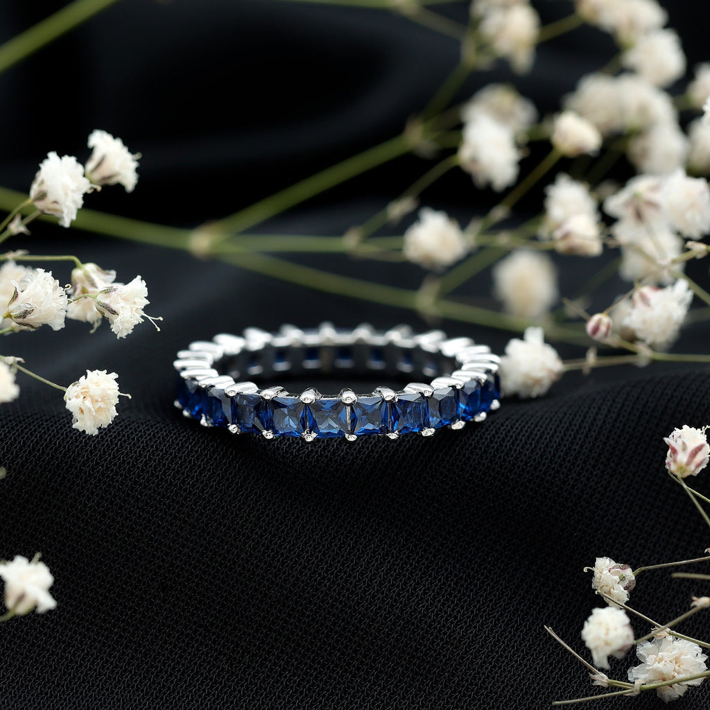Lab Grown Sapphire Ring, Princess Cut Blue Full Eternity Band
