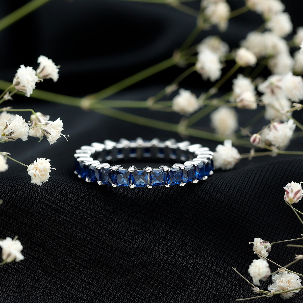 Lab Grown Sapphire Ring, Princess Cut Blue Full Eternity Band