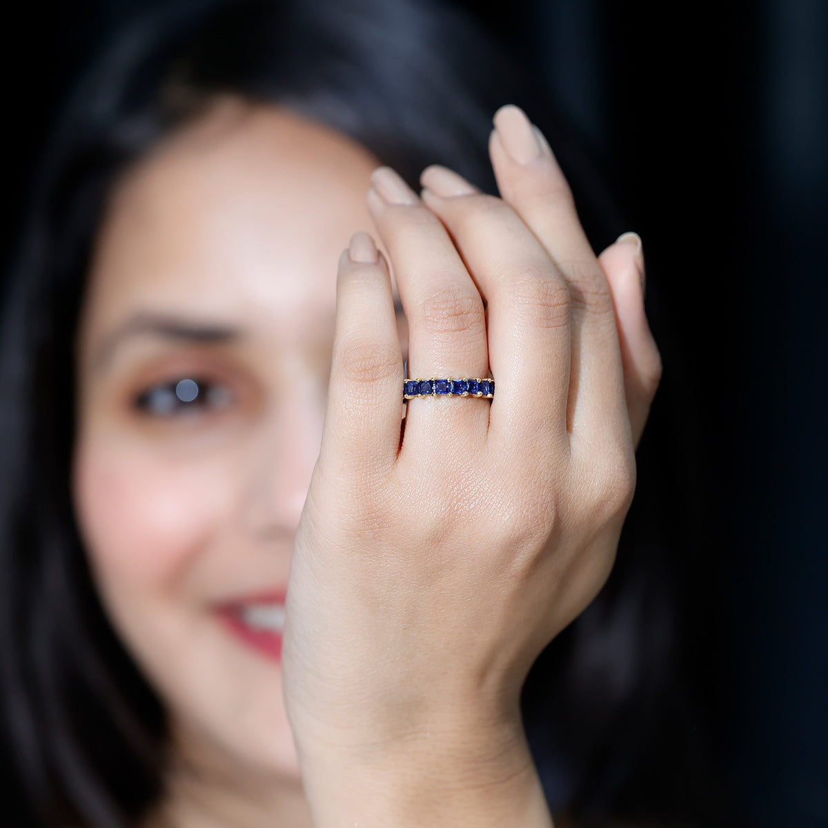 Lab Grown Sapphire Ring, Princess Cut Blue Full Eternity Band