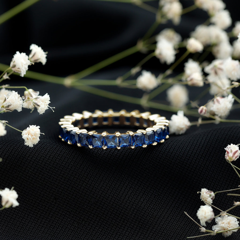 Lab Grown Sapphire Ring, Princess Cut Blue Full Eternity Band