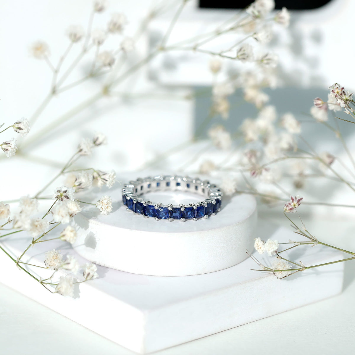 Lab Grown Sapphire Ring, Princess Cut Blue Full Eternity Band