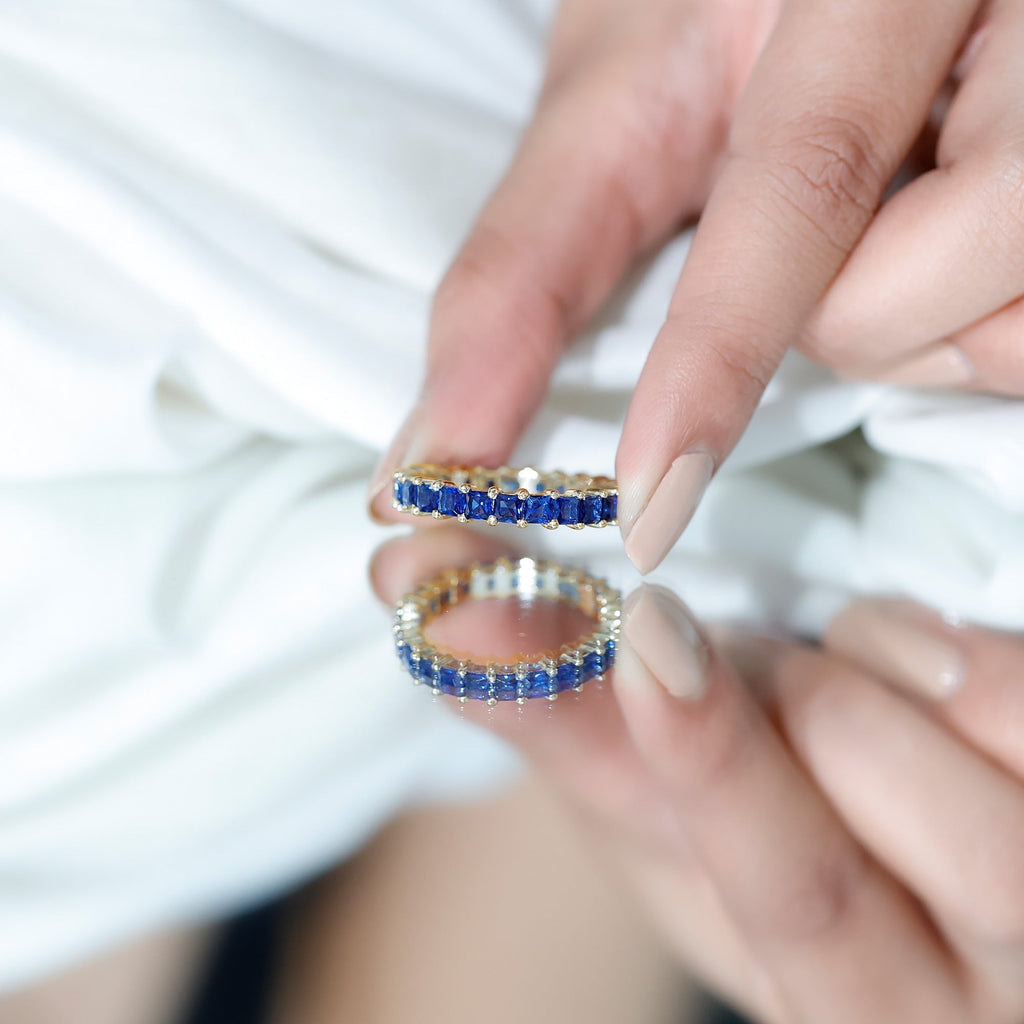 Lab Grown Sapphire Ring, Princess Cut Blue Full Eternity Band