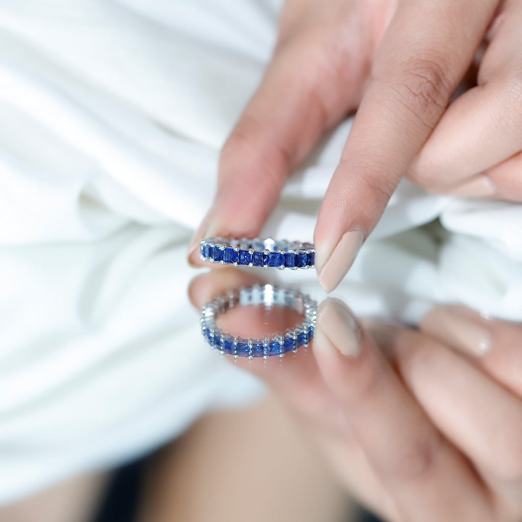 Lab Grown Sapphire Ring, Princess Cut Blue Full Eternity Band