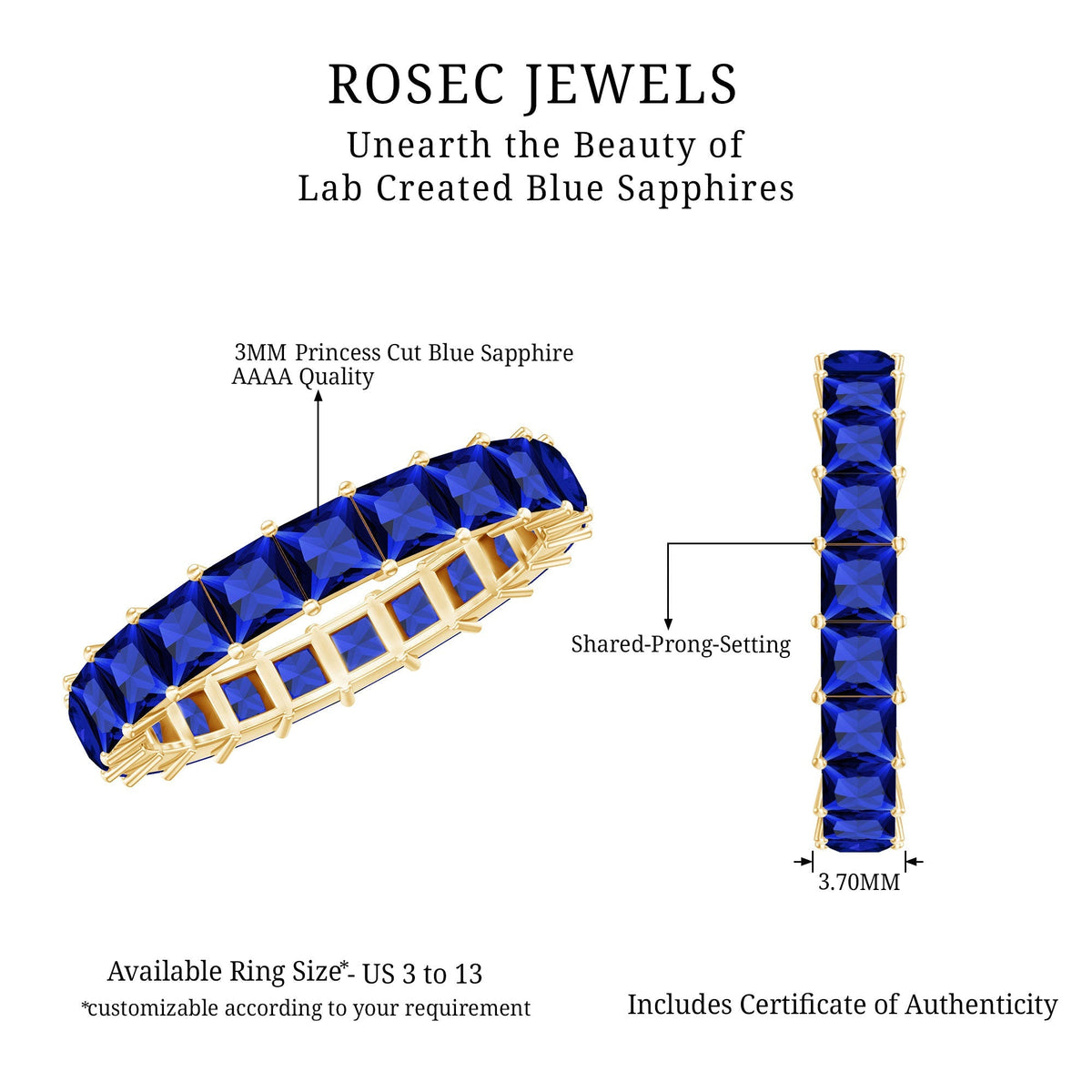 Lab Grown Sapphire Ring, Princess Cut Blue Full Eternity Band
