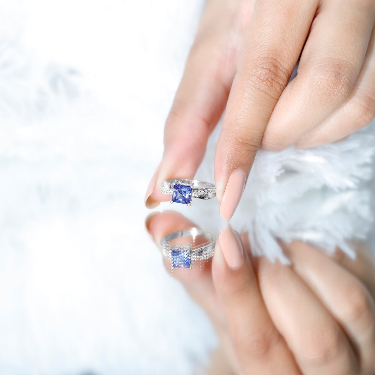 Lab Grown Sapphire Ring, Princess Cut Blue Sapphire Diamond Ring