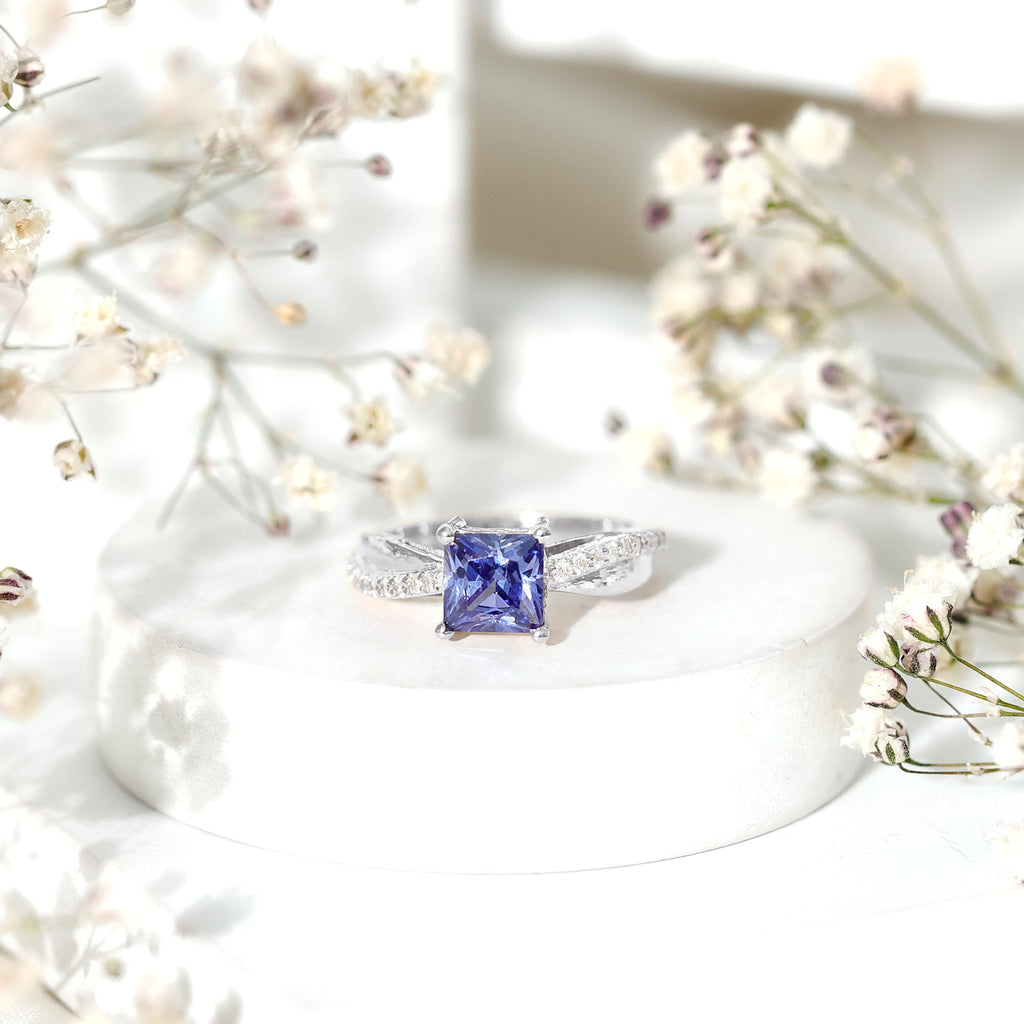 Lab Grown Sapphire Ring, Princess Cut Blue Sapphire Diamond Ring