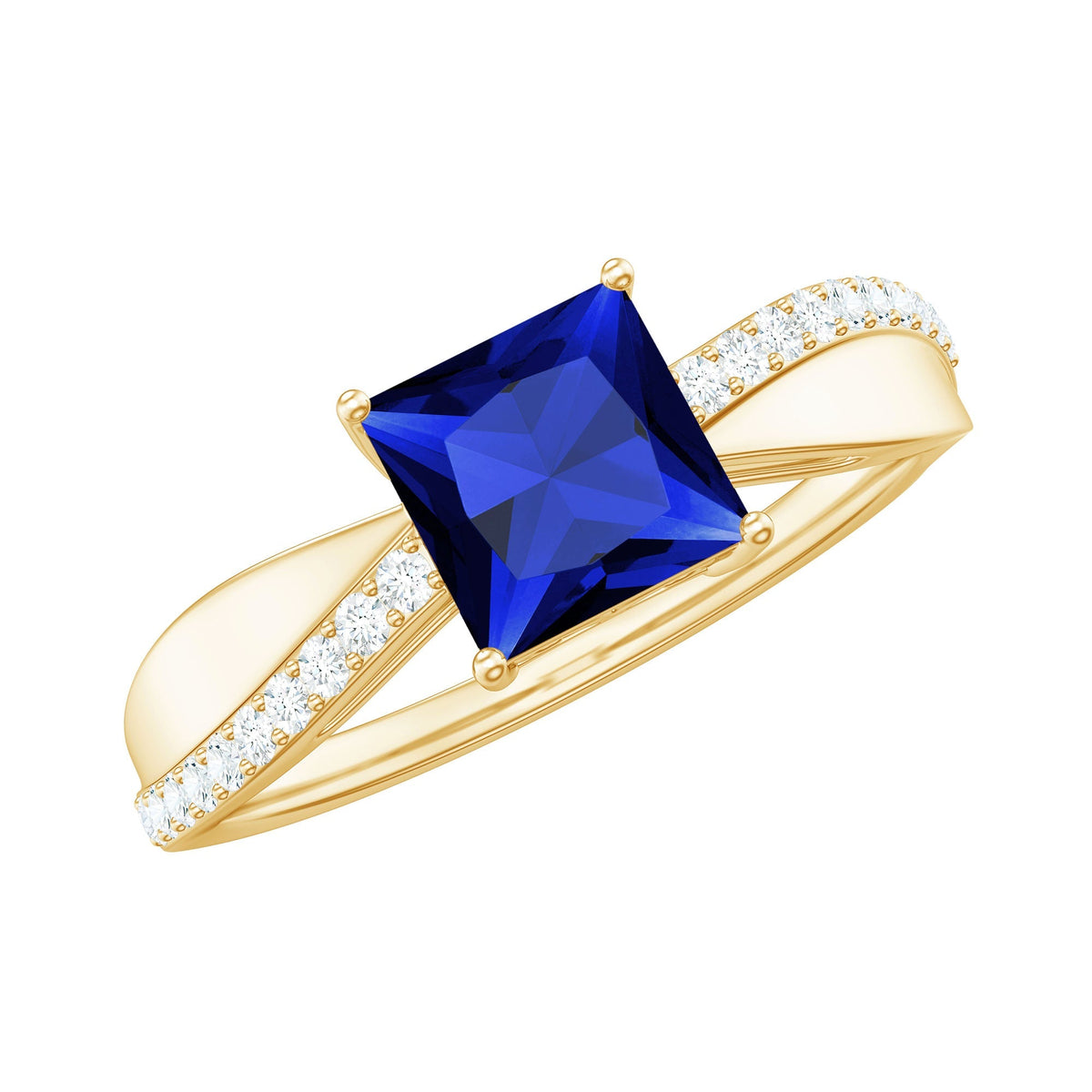 Lab Grown Sapphire Ring, Princess Cut Blue Sapphire Diamond Ring