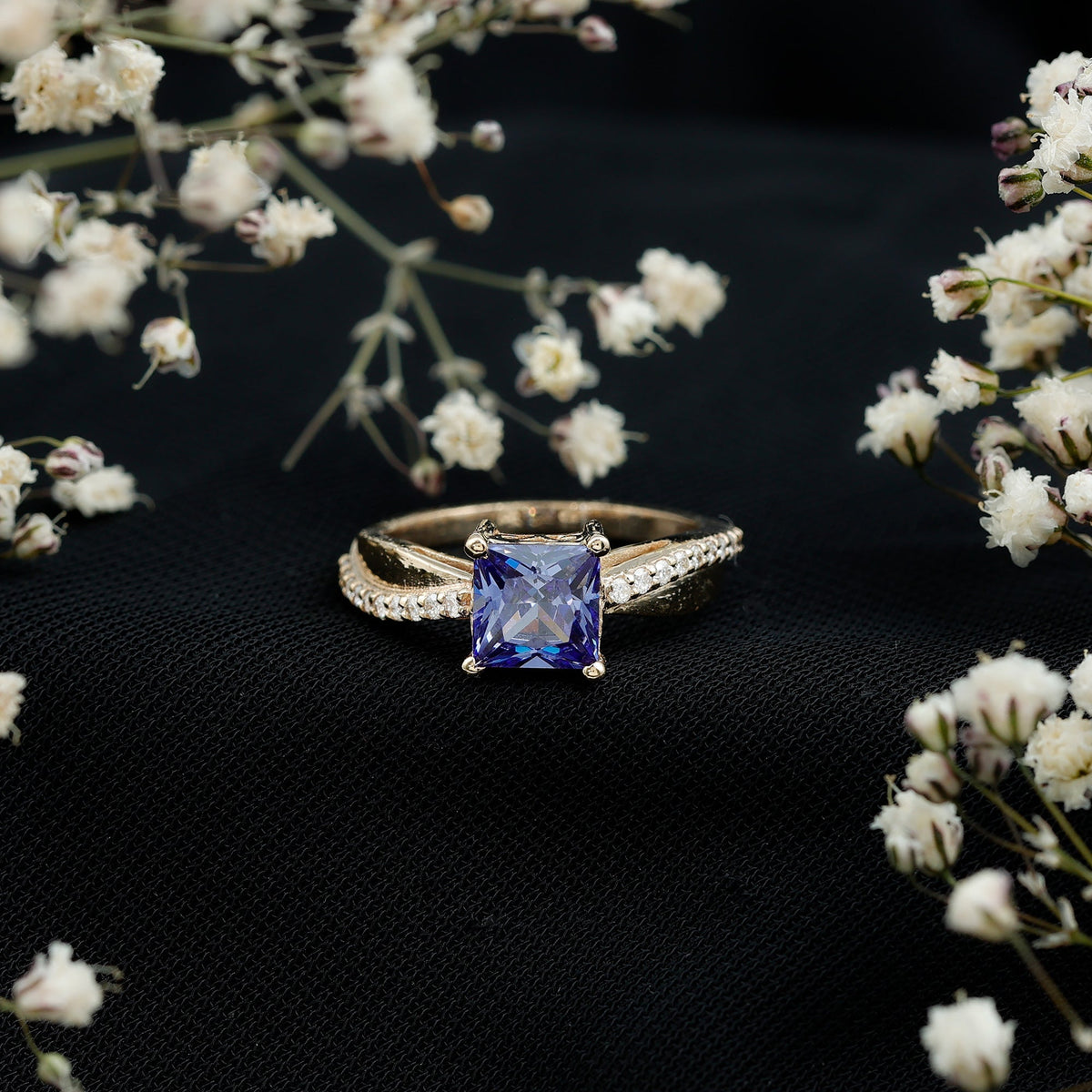 Lab Grown Sapphire Ring, Princess Cut Blue Sapphire Diamond Ring