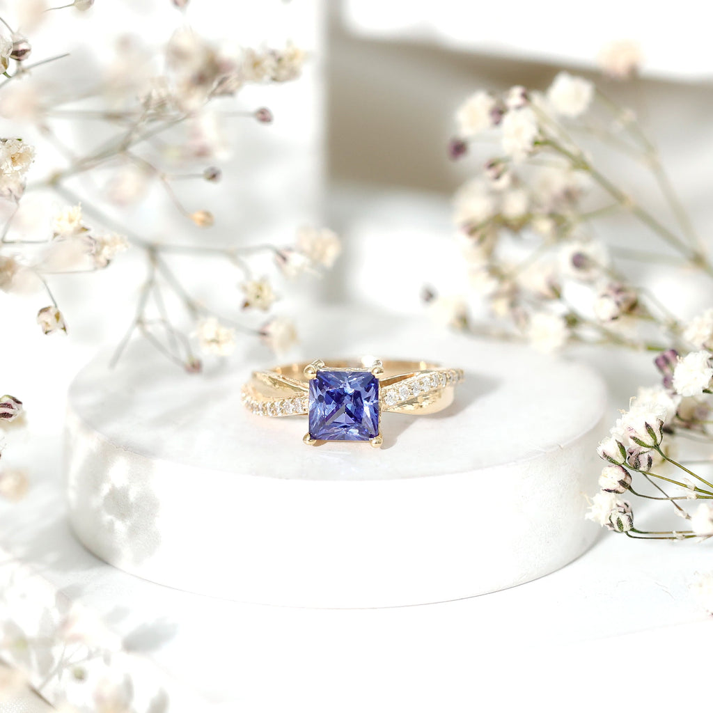 Lab Grown Sapphire Ring, Princess Cut Blue Sapphire Diamond Ring