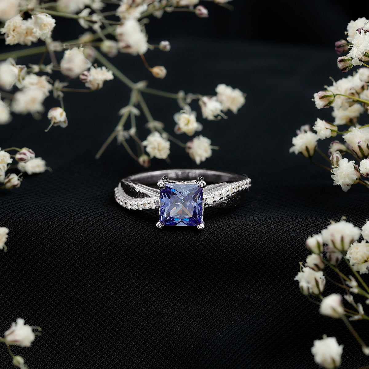 Lab Grown Sapphire Ring, Princess Cut Blue Sapphire Diamond Ring