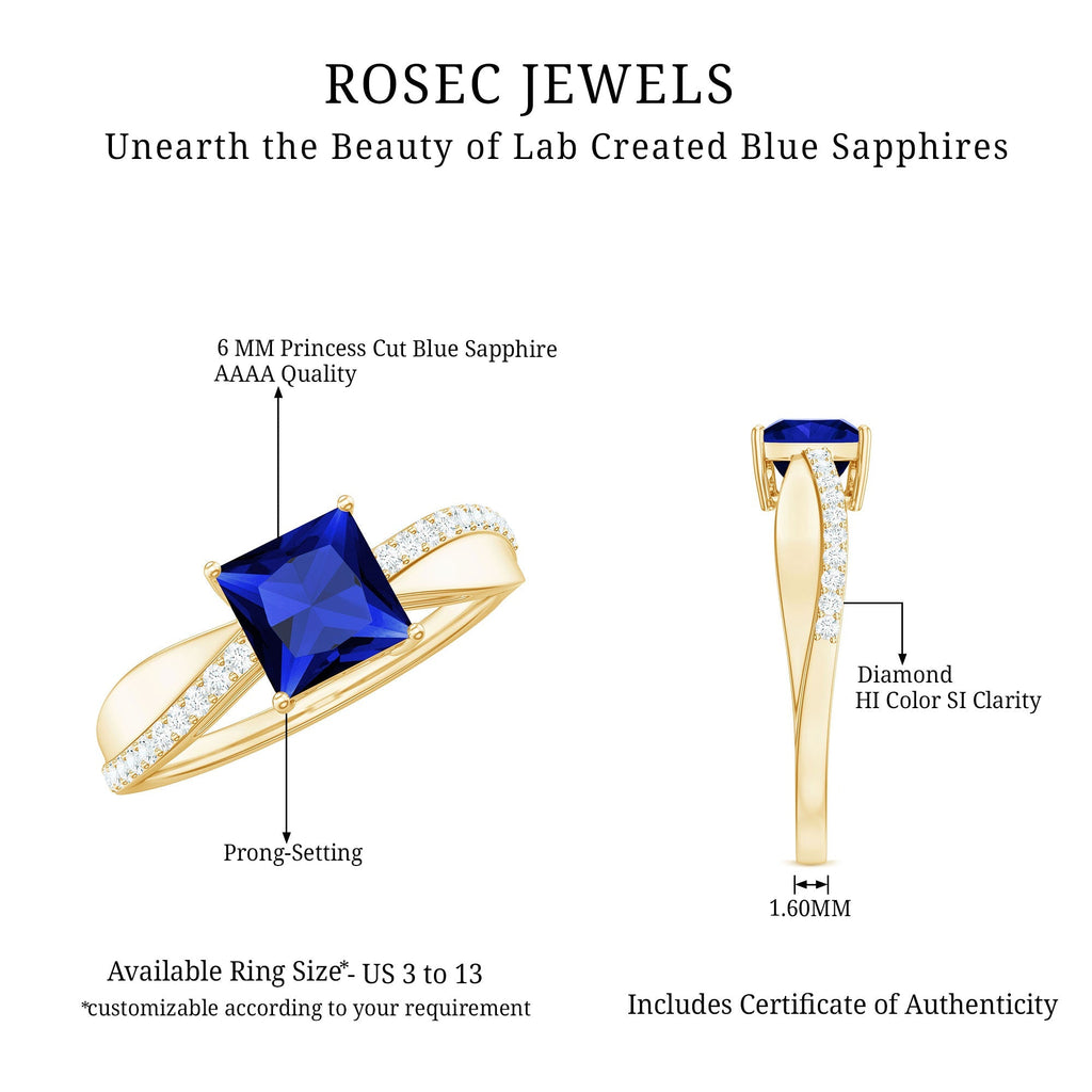 Lab Grown Sapphire Ring, Princess Cut Blue Sapphire Diamond Ring