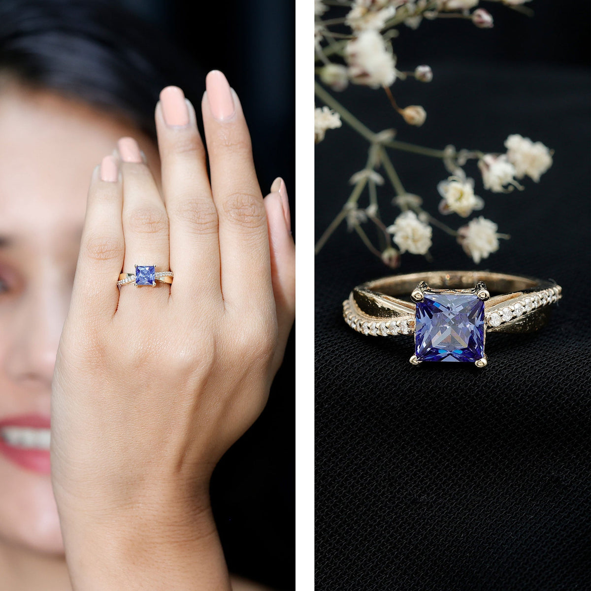 Lab Grown Sapphire Ring, Princess Cut Blue Sapphire Diamond Ring