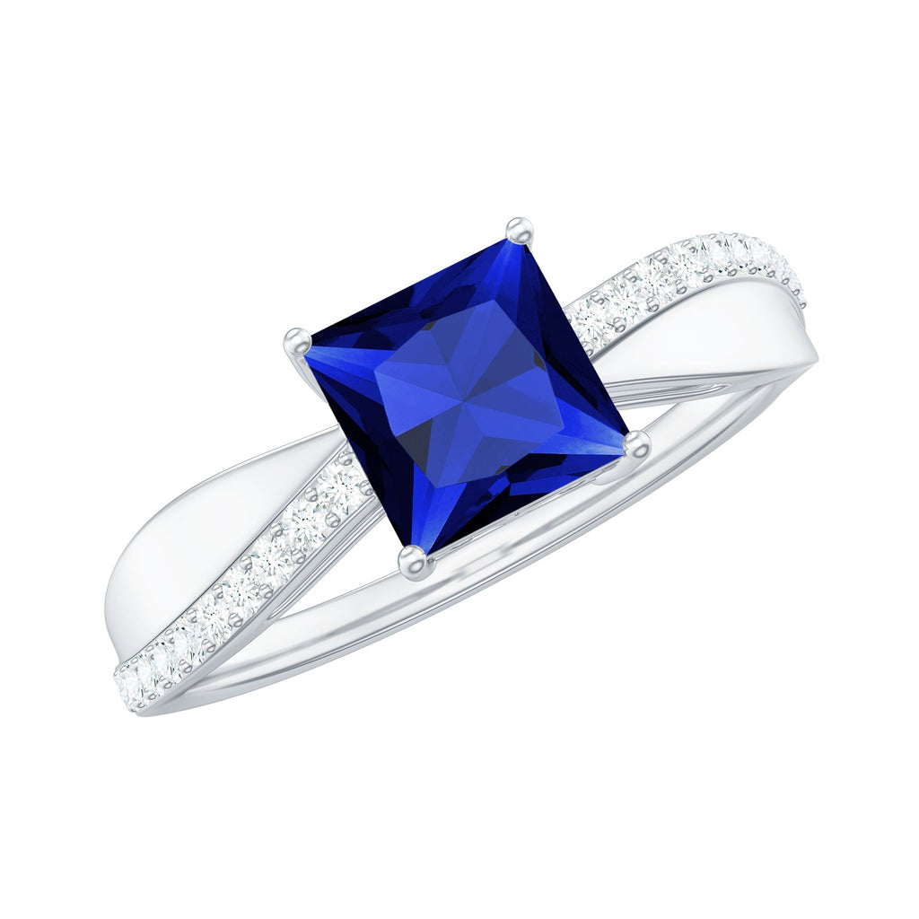 Lab Grown Sapphire Ring, Princess Cut Blue Sapphire Diamond Ring