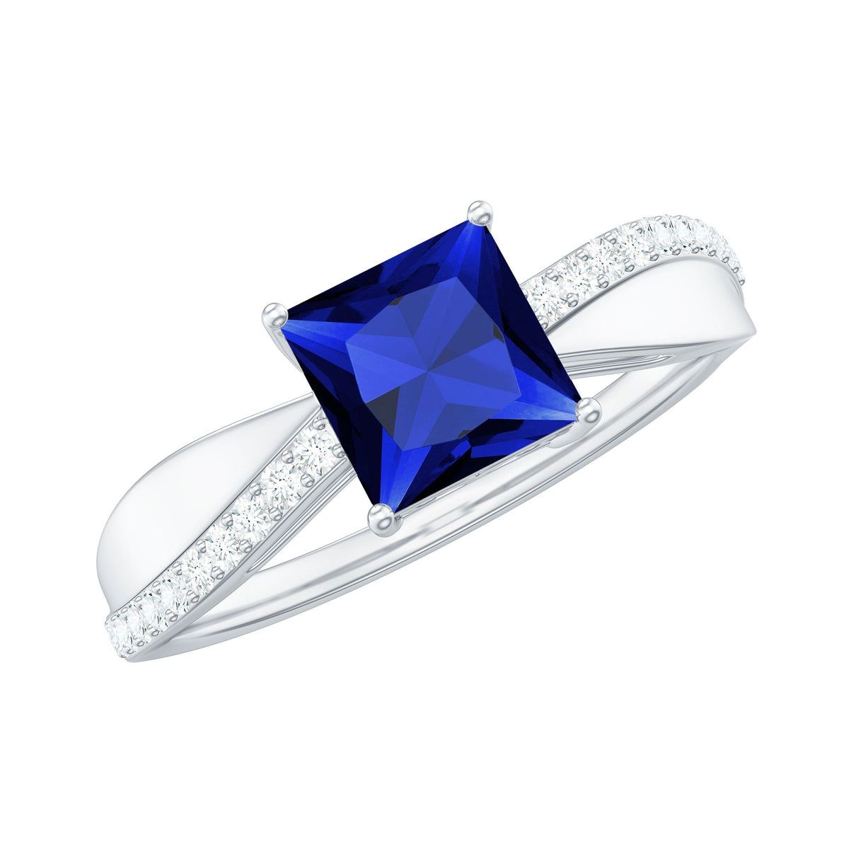 Lab Grown Sapphire Ring, Princess Cut Blue Sapphire Diamond Ring
