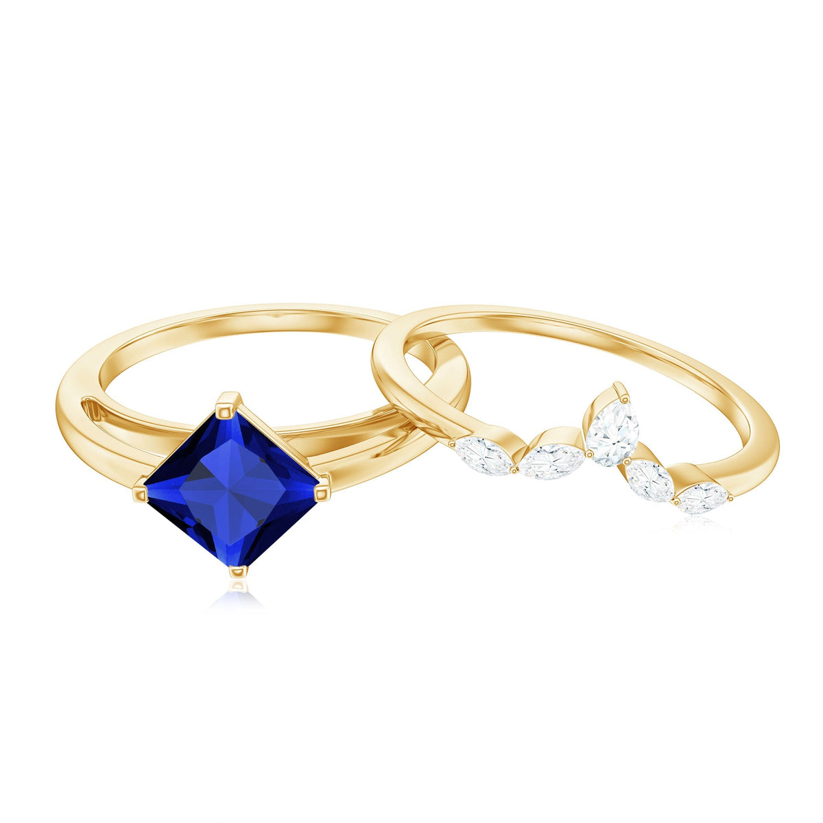 Lab Grown Sapphire Ring Princess Cut Bridal Set With Diamond